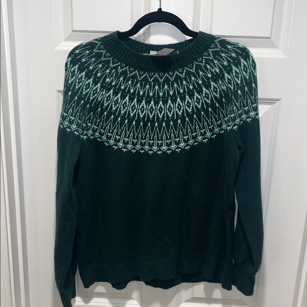 NWT LOFT Fair Isle Green Apres soft crew pullover Sweater lightweight Alpine - Picture 2 of 9